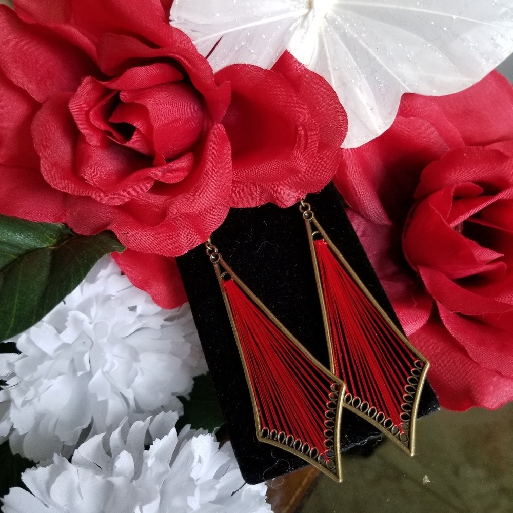 Red String Geo Drop Earrings #124